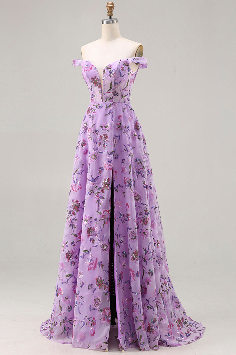 Load image into Gallery viewer, Purple A Line Floral Off the Shoulder Long Prom Dress with Sequins