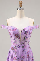 Load image into Gallery viewer, Purple A Line Floral Off the Shoulder Long Prom Dress with Sequins