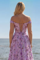 Load image into Gallery viewer, Purple Plus Size A Line Off the Shoulder Floral Long Prom Dress with Sequins