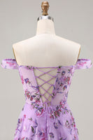 Load image into Gallery viewer, Purple A Line Floral Off the Shoulder Long Prom Dress with Sequins
