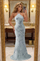 Load image into Gallery viewer, Floral Mermaid Hot Pink Halter Long Prom Dress