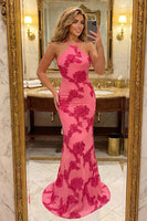 Load image into Gallery viewer, Floral Mermaid Hot Pink Halter Long Prom Dress