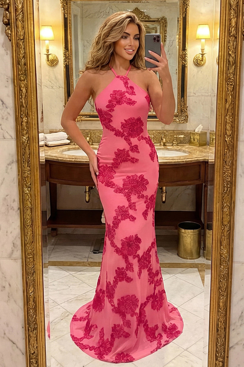 Load image into Gallery viewer, Floral Mermaid Hot Pink Halter Long Prom Dress