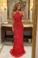 Load image into Gallery viewer, Floral Mermaid Hot Pink Halter Long Prom Dress