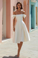 Load image into Gallery viewer, White Off the Shoulder Satin A Line Midi Engagement Dress