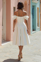 Load image into Gallery viewer, White Off the Shoulder Satin A Line Midi Engagement Dress