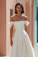 Load image into Gallery viewer, White Off the Shoulder Satin A Line Midi Engagement Dress
