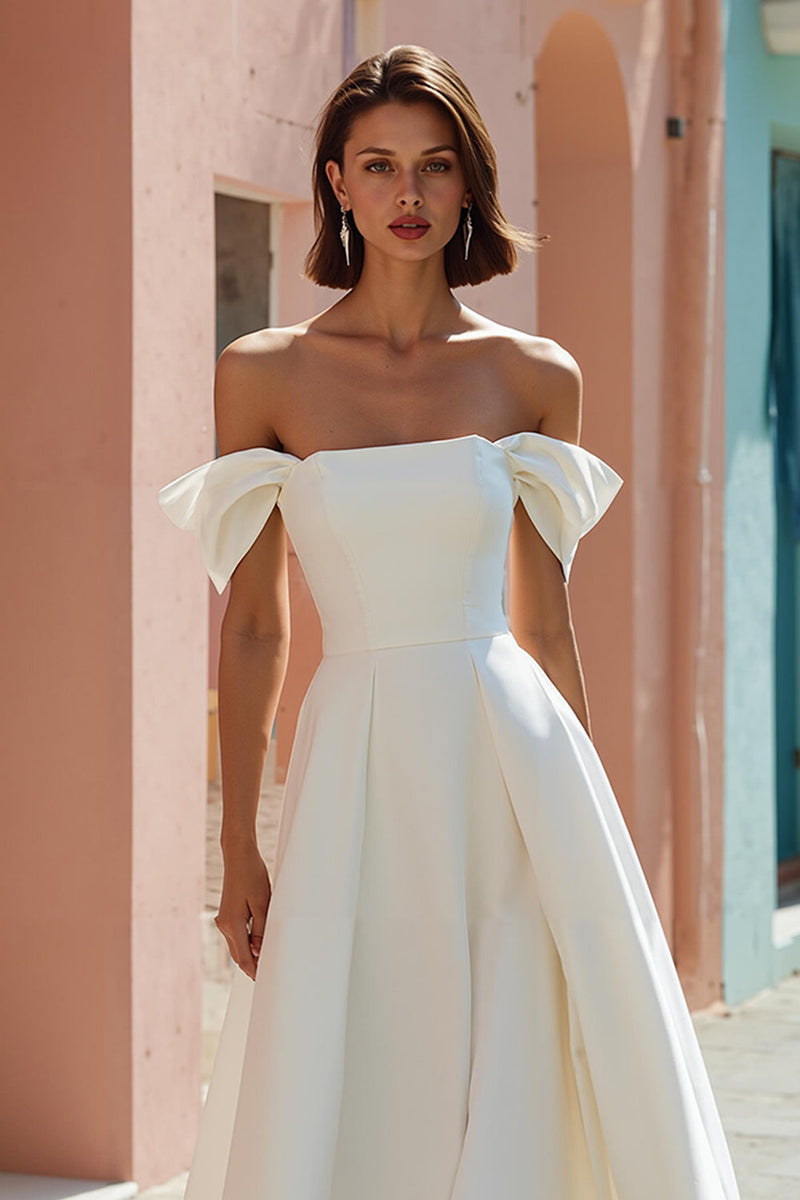 Load image into Gallery viewer, White Off the Shoulder Satin A Line Midi Engagement Dress