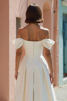 Load image into Gallery viewer, White Off the Shoulder Satin A Line Midi Engagement Dress