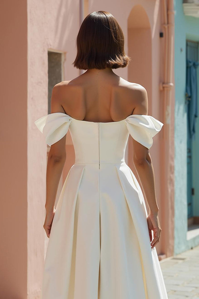 Load image into Gallery viewer, White Off the Shoulder Satin A Line Midi Engagement Dress