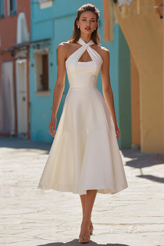 White Satin A Line Halter Midi Engagement Dress