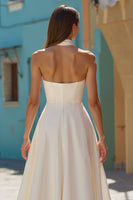 Load image into Gallery viewer, White Satin A Line Halter Midi Engagement Dress
