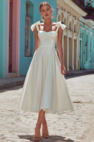Load image into Gallery viewer, White Thick Straps Satin Corset Midi Engagement Dress with Bows