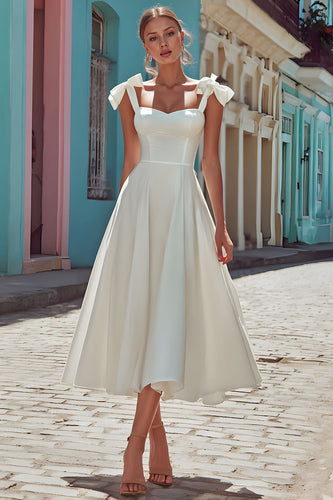 White Thick Straps Satin Corset Midi Engagement Dress with Bows