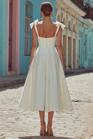 Load image into Gallery viewer, White Thick Straps Satin Corset Midi Engagement Dress with Bows