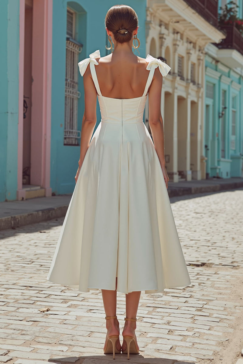 Load image into Gallery viewer, White Thick Straps Satin Corset Midi Engagement Dress with Bows