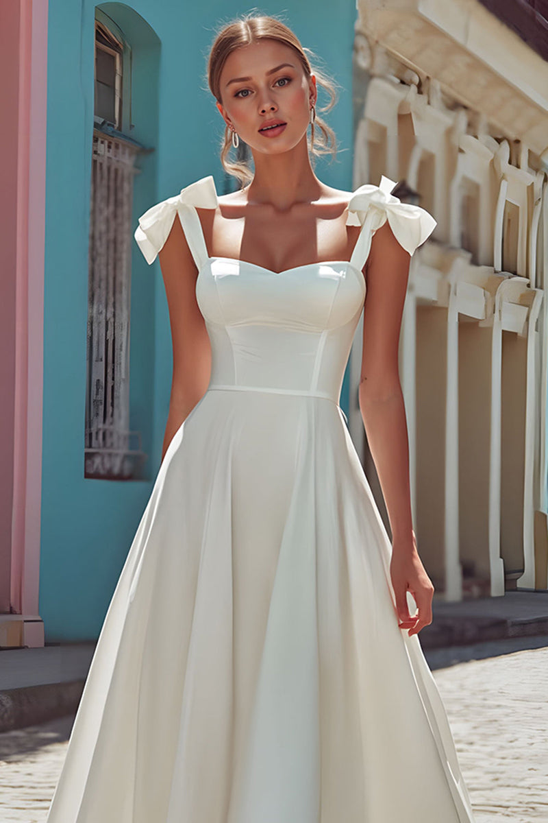Load image into Gallery viewer, White Thick Straps Satin Corset Midi Engagement Dress with Bows