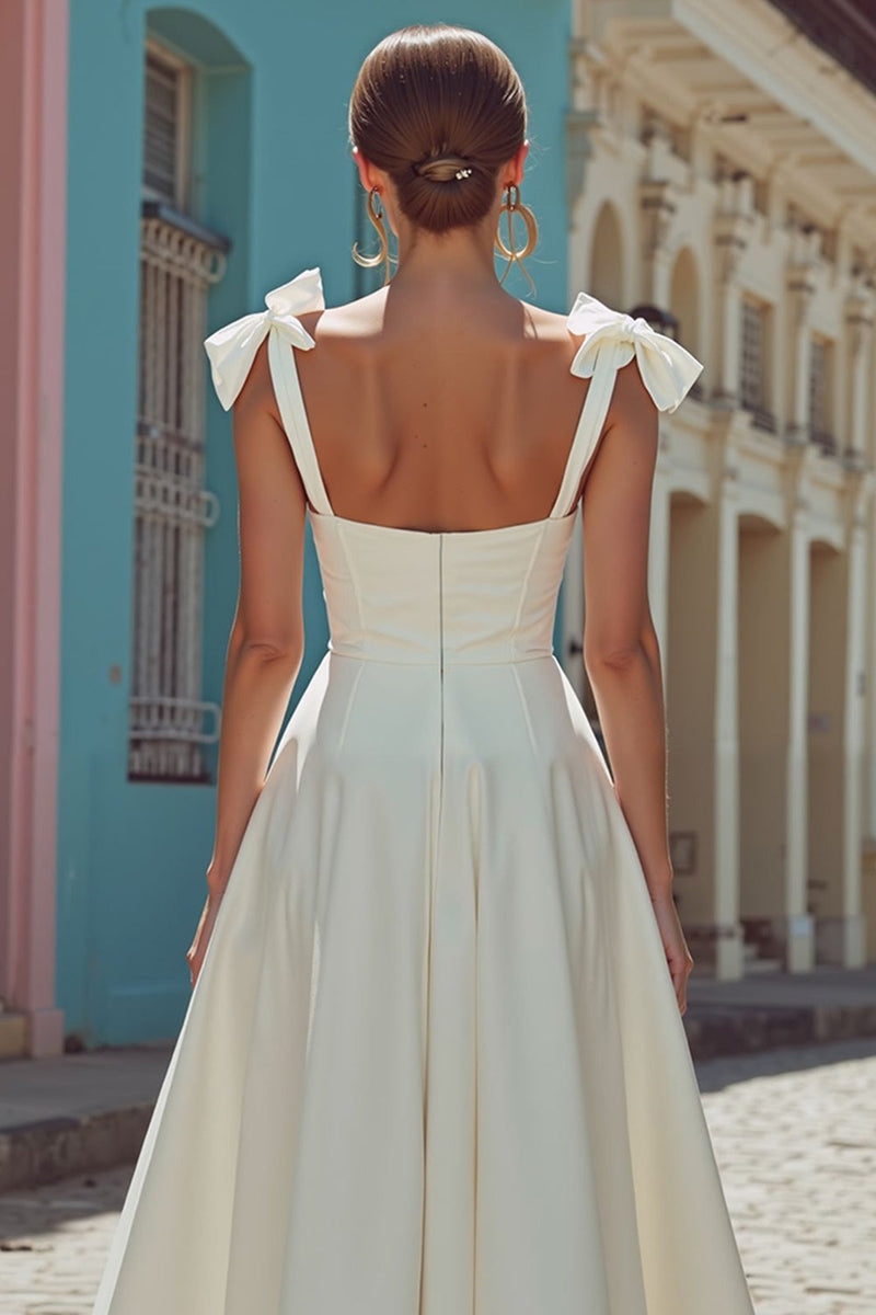 Load image into Gallery viewer, White Thick Straps Satin Corset Midi Engagement Dress with Bows