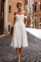 Load image into Gallery viewer, White Off the Shoulder Midi Lace Engagement Dress