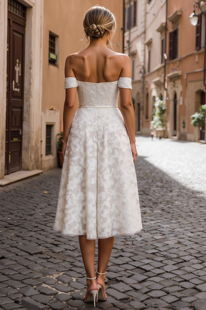 Load image into Gallery viewer, White Off the Shoulder Midi Lace Engagement Dress