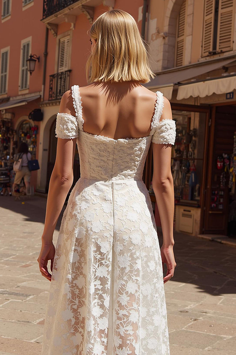 Load image into Gallery viewer, White Cold Shoulder A Line Midi Lace Engagement Dress