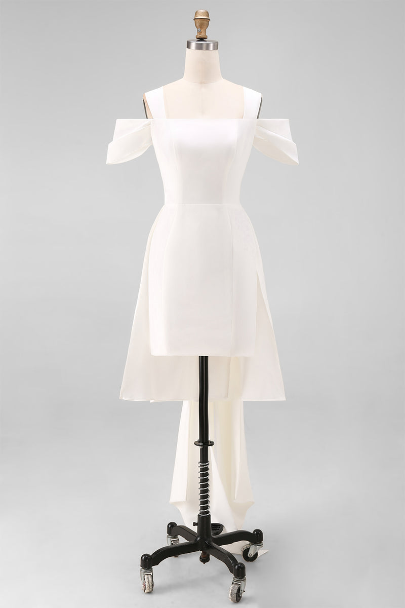 Load image into Gallery viewer, White Off the Shoulder Bodycon Satin Short Engagement Dress with Bows