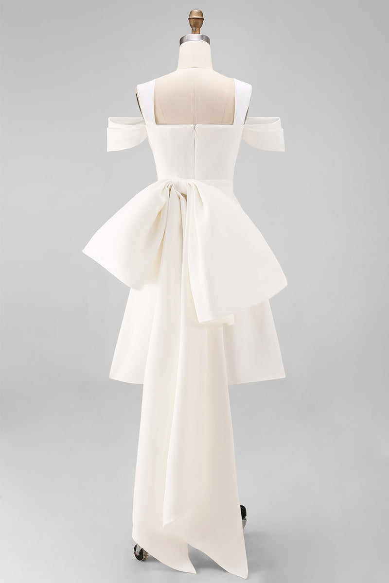 Load image into Gallery viewer, White Off the Shoulder Bodycon Satin Short Engagement Dress with Bows