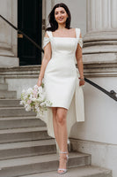 Load image into Gallery viewer, White Off the Shoulder Bodycon Satin Short Engagement Dress with Bows