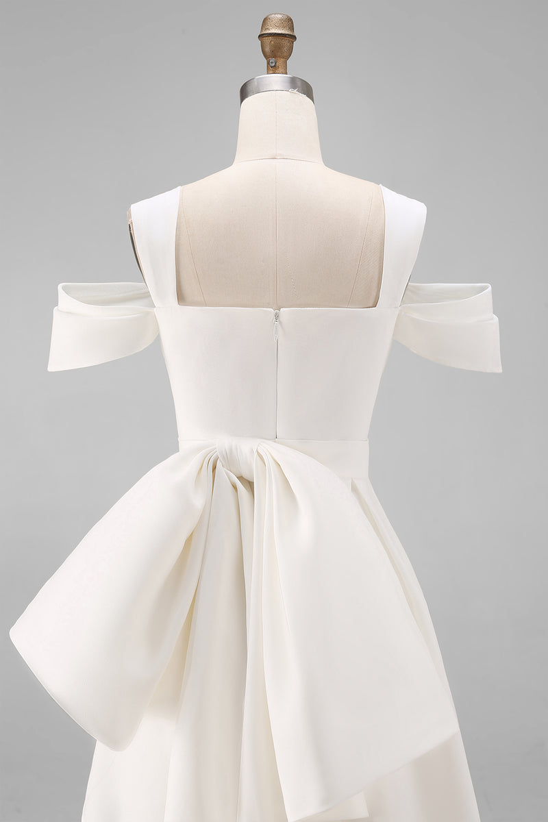 Load image into Gallery viewer, White Off the Shoulder Bodycon Satin Short Engagement Dress with Bows