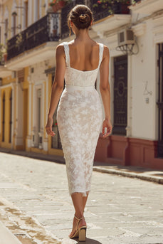 Ivory Thick Straps Bodycon Midi Lace Engagement Dress