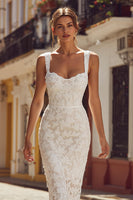 Load image into Gallery viewer, Ivory Thick Straps Bodycon Midi Lace Engagement Dress