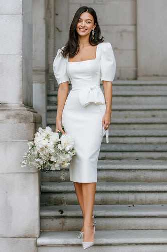 White Square Neck Satin Bodycon Midi Engagement Dress with Sleeves