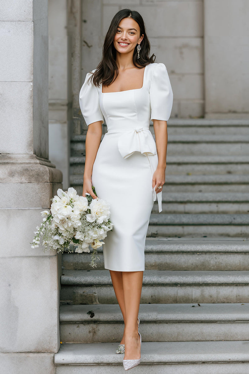 Load image into Gallery viewer, White Square Neck Satin Bodycon Midi Engagement Dress with Sleeves