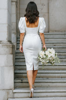 Load image into Gallery viewer, White Square Neck Satin Bodycon Midi Engagement Dress with Sleeves