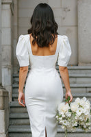 Load image into Gallery viewer, White Square Neck Satin Bodycon Midi Engagement Dress with Sleeves