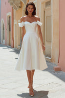 Load image into Gallery viewer, White Off the Shoulder Satin Midi Engagement Dress
