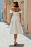 Load image into Gallery viewer, White Off the Shoulder Satin Midi Engagement Dress