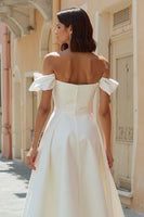 Load image into Gallery viewer, White Off the Shoulder Satin Midi Engagement Dress