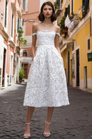 Load image into Gallery viewer, White Off the Shoulder A Line Midi Lace Engagement Dress