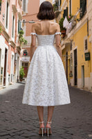 Load image into Gallery viewer, White Off the Shoulder A Line Midi Lace Engagement Dress