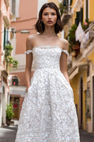 Load image into Gallery viewer, White Off the Shoulder A Line Midi Lace Engagement Dress