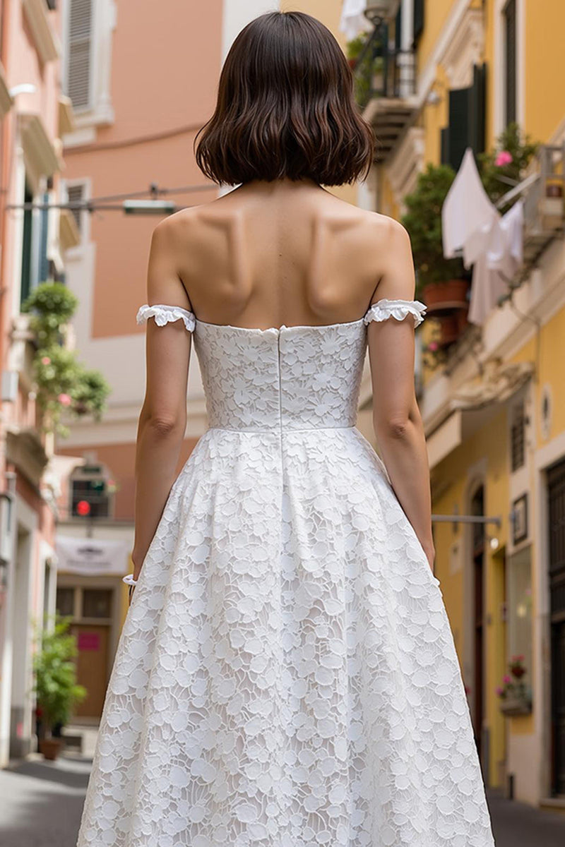 Load image into Gallery viewer, White Off the Shoulder A Line Midi Lace Engagement Dress