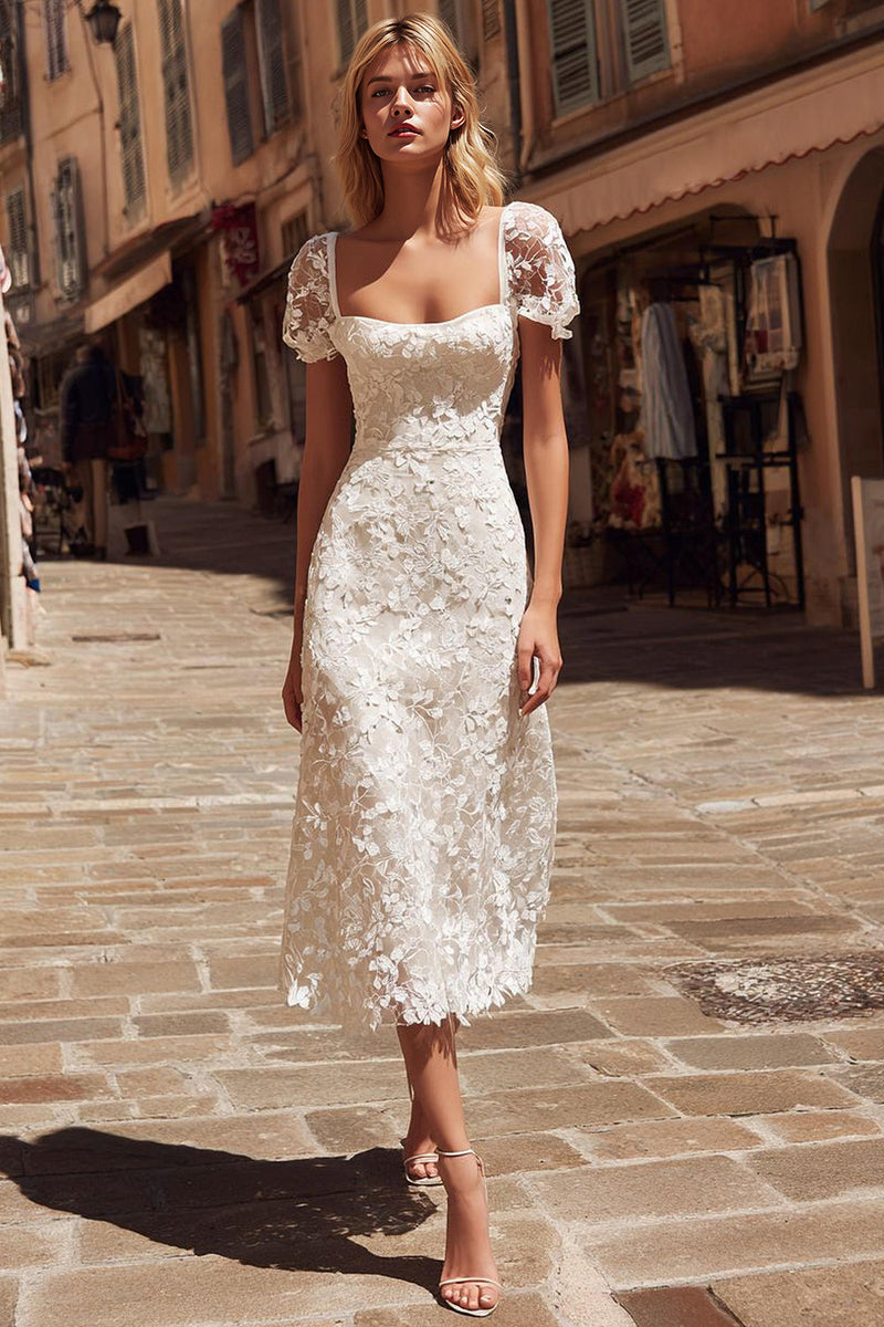 Load image into Gallery viewer, Ivory Square Neck Midi Lace Engagement Dress with Sleeves