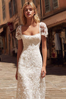 Load image into Gallery viewer, Ivory Square Neck Midi Lace Engagement Dress with Sleeves