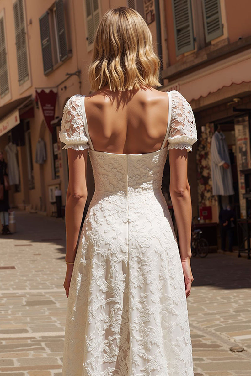 Load image into Gallery viewer, Ivory Square Neck Midi Lace Engagement Dress with Sleeves