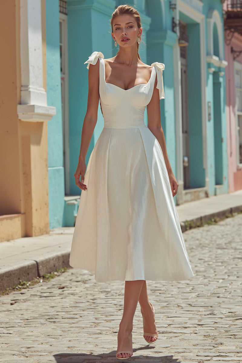 Load image into Gallery viewer, White Thick Straps Backless Satin Midi Engagement Dress with Bows