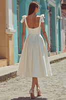 Load image into Gallery viewer, White Thick Straps Backless Satin Midi Engagement Dress with Bows