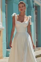 Load image into Gallery viewer, White Thick Straps Backless Satin Midi Engagement Dress with Bows