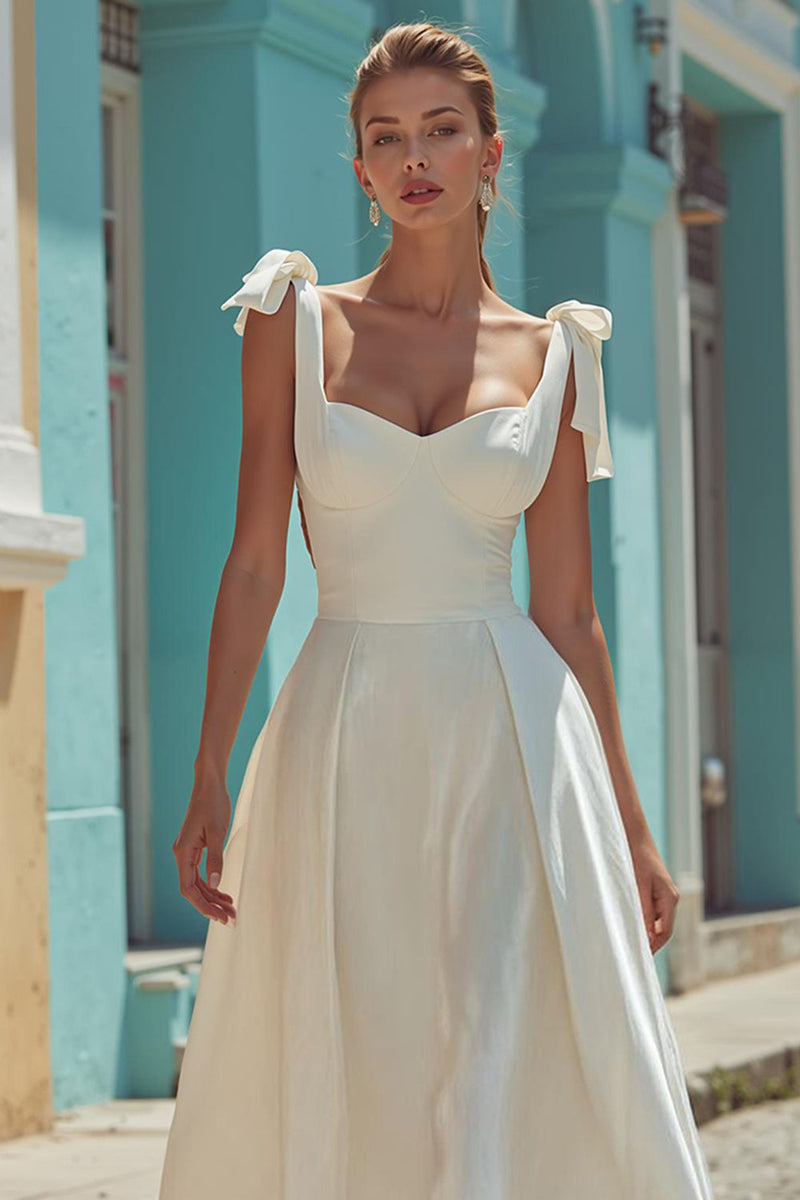 Load image into Gallery viewer, White Thick Straps Backless Satin Midi Engagement Dress with Bows