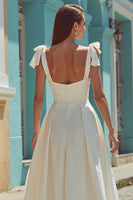 Load image into Gallery viewer, White Thick Straps Backless Satin Midi Engagement Dress with Bows